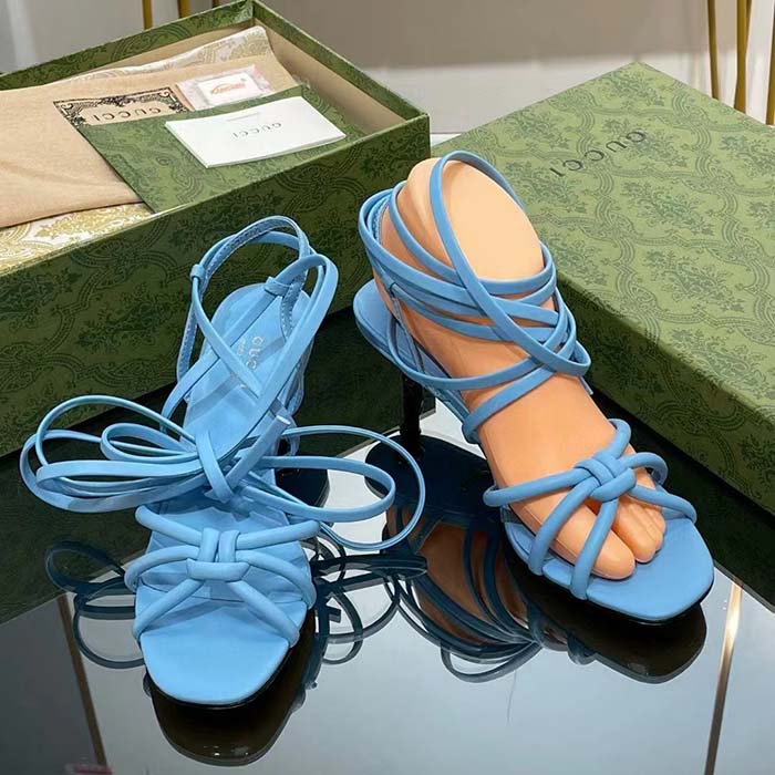 Gucci Women GG Strappy Sandal Bamboo Pastel Blue Leather Bamboo Low Heel