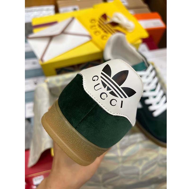 Gucci Unisex GG Adidas x Gucci Gazelle Sneaker Green Suede White Demetra Trefoil