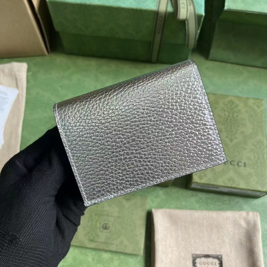 Gucci Unisex GG Marmont Card Case Wallet Metallic Silver Leather Double G