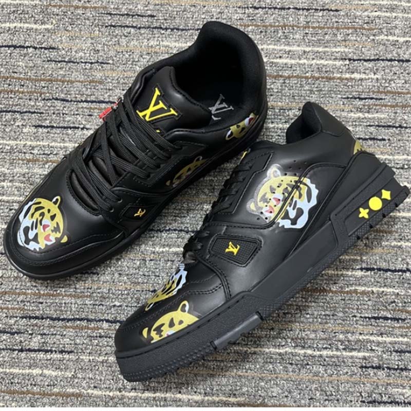 Louis Vuitton LV Unisex Trainer Sneaker Black Printed Calf Leather Rubber Outsole
