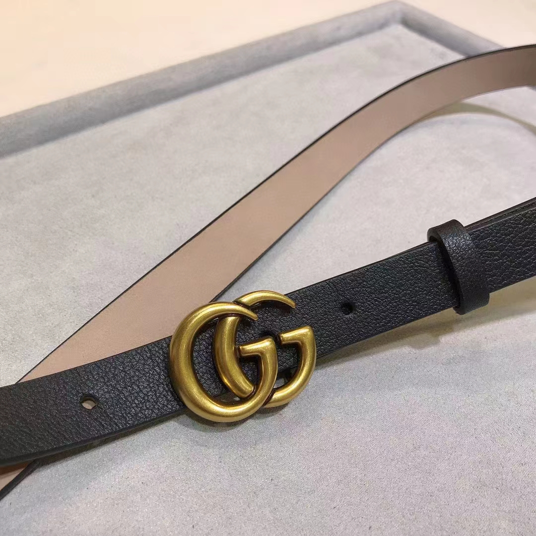 Gucci Unisex Marmont Reversible Thin Belt Black Leather Double G Buckle