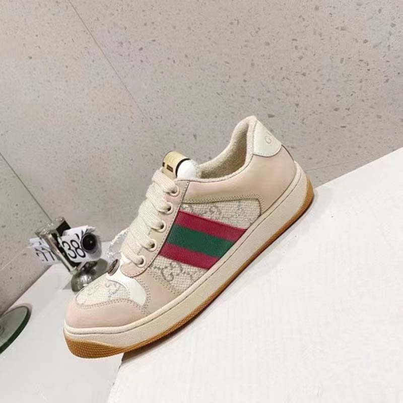 Gucci Unisex Screener Sneaker Pink Green Web Cream Scrap Less Leather
