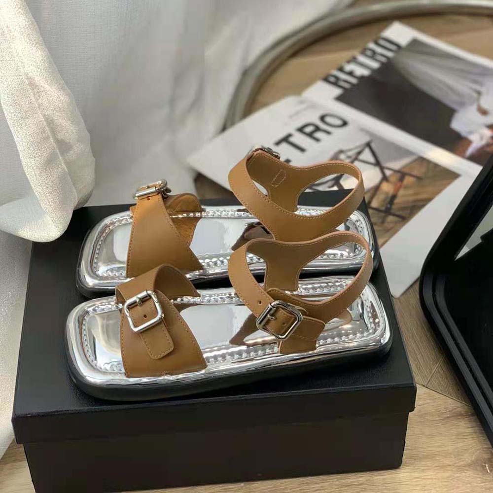 Prada Women Flat Rectangular Leather Sandals-Brown