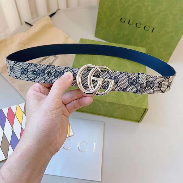 Gucci Unisex GG Marmont Reversible Belt Beige Blue Canvas Double G Buckle