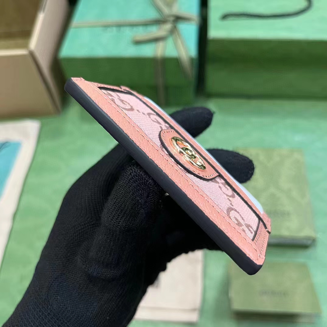 Gucci Unisex Ophidia GG Card Case Wallet Pink Canvas Leather Double G Four Card Slots