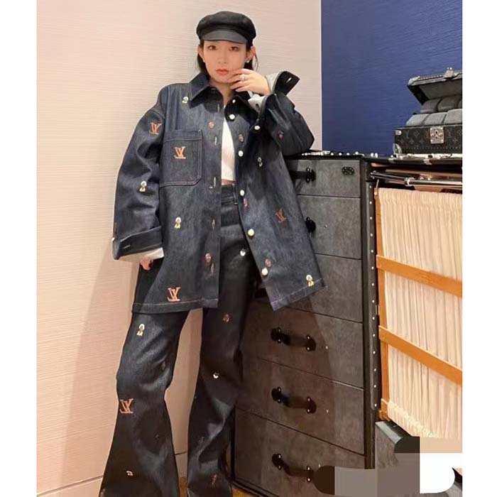 Louis Vuitton Women LV RUNWAY Embroidered Denim Overshirt Oversized Fit Indigo Cotton 1AFHVF