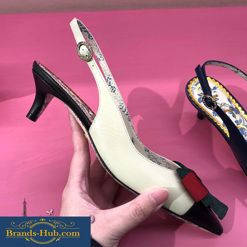 Gucci Women Shoes Leather Sling-Back Pump with Web Bow 50mm Heel-White