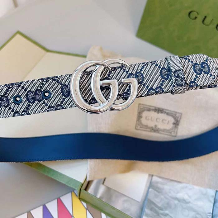 Gucci Unisex GG Marmont Reversible Belt Beige Blue Canvas Double G Buckle
