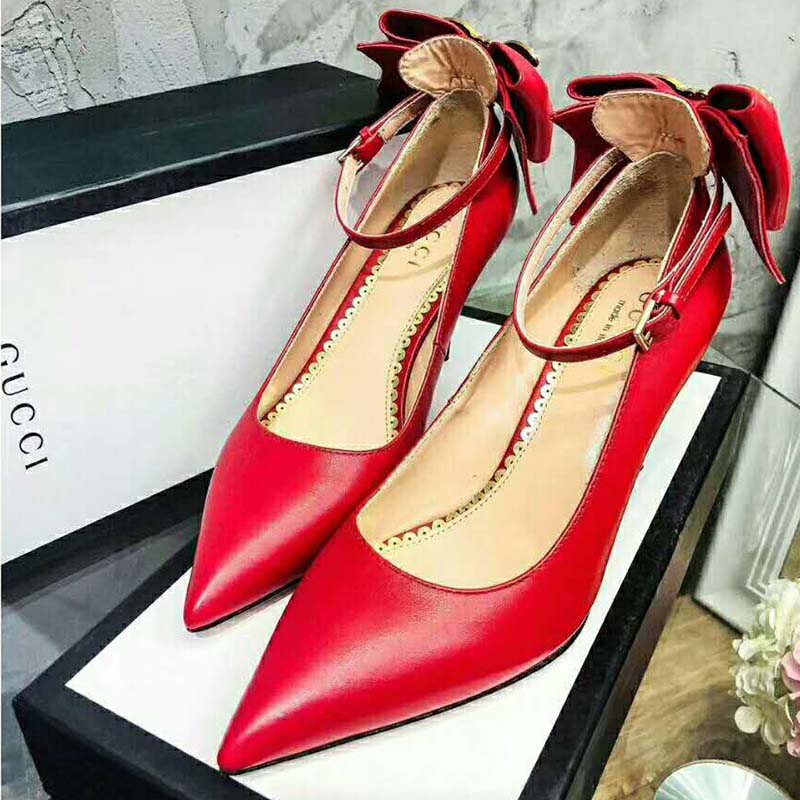 Gucci Women Shoes Leather Pump with Bow 85mm Heel-Red