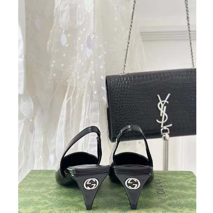 Gucci Women GG Slingback Pump Black Leather Interlocking G Square Upper Mid-Heel