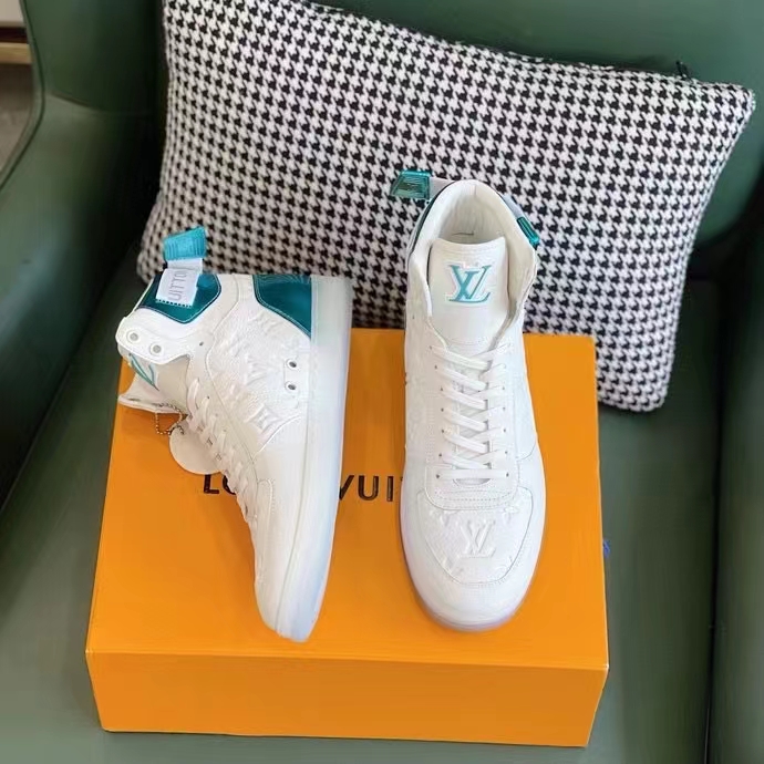 Louis Vuitton LV Unisex Rivoli Sneaker Boot Blue White Calf Leather Monogram Canvas