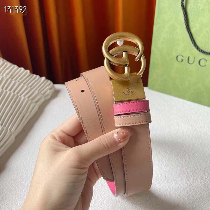 Gucci Women GG Marmont Reversible Belt Beige Pink Leather 3 CM Width Double G