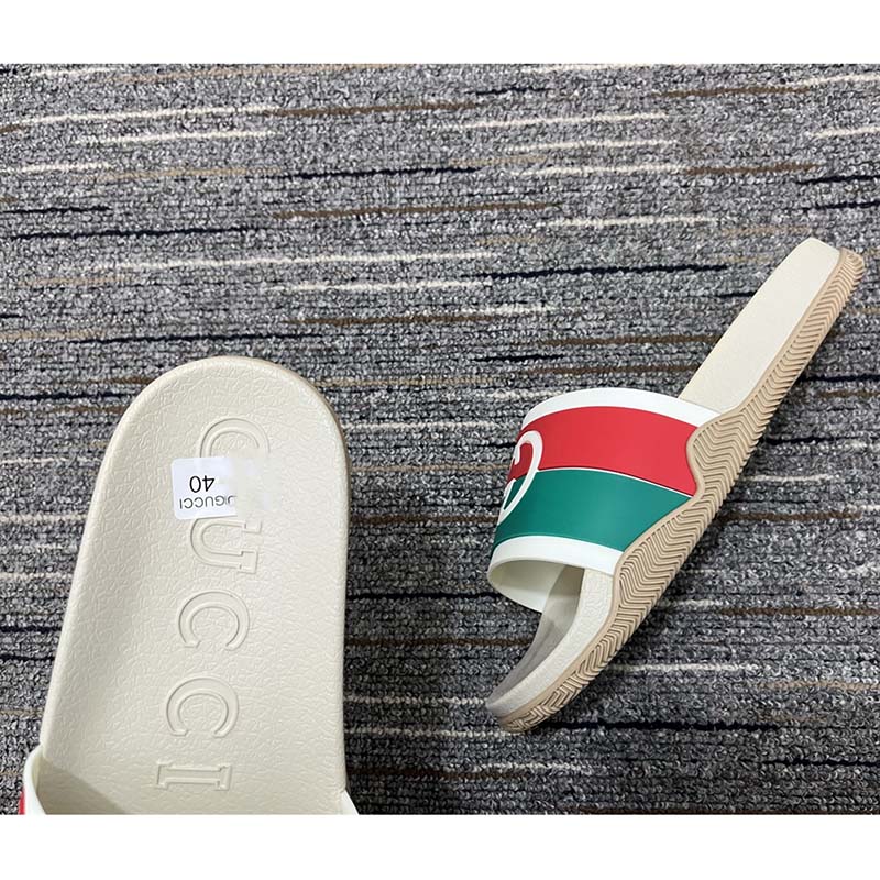 Gucci Women Interlocking G Slide Sandal Striped Rubber White Footbed Rubber Sole Flat