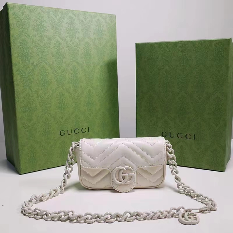 Gucci Women GG Marmont Belt Bag White Chevron Matelassé Leather Double G