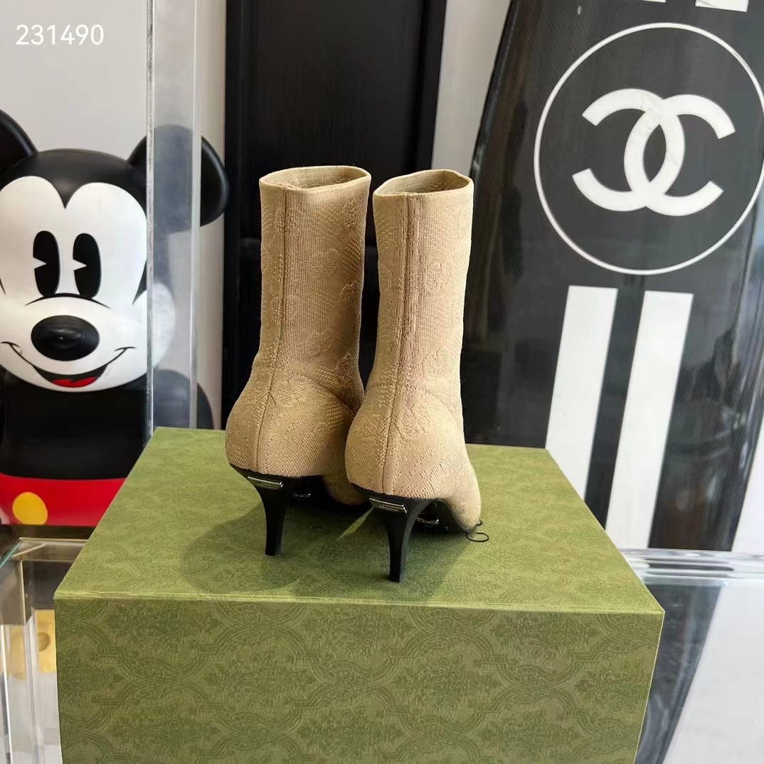 Gucci Women GG Knit Ankle Boots Beige GG Technical Knit Fabric Square Toe Leather Mid-Heel