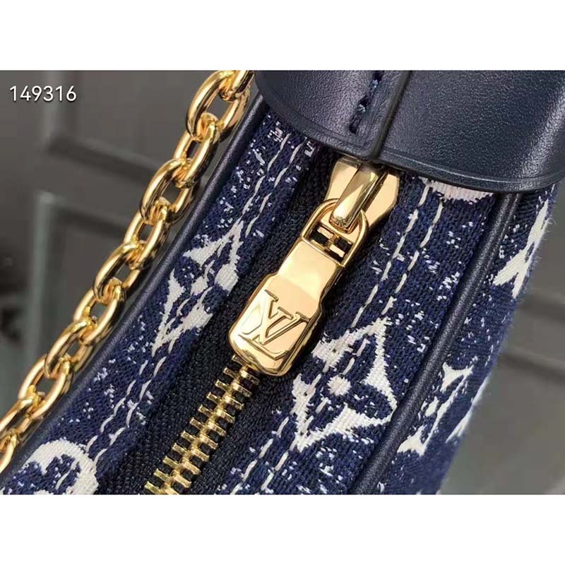 Louis Vuitton LV Women Half-Moon Loop Baguette Handbag Navy Blue Denim Jacquard