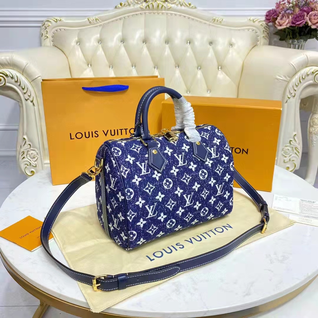 Louis Vuitton LV Women Speedy Bandoulière 25 Handbag Navy Blue Denim Jacquard Calfskin