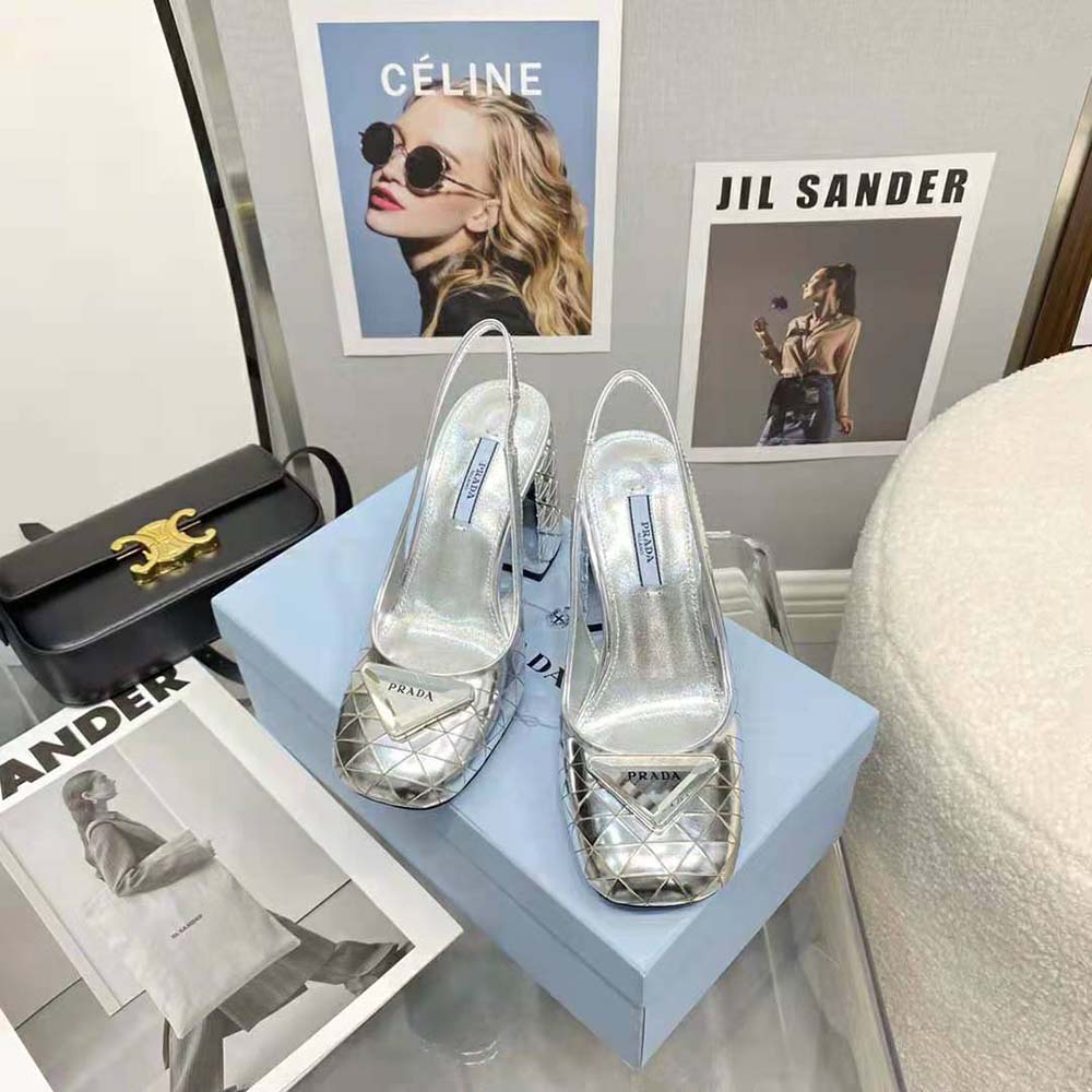 Prada Women Metallic Leather Slingback Pumps-Silver