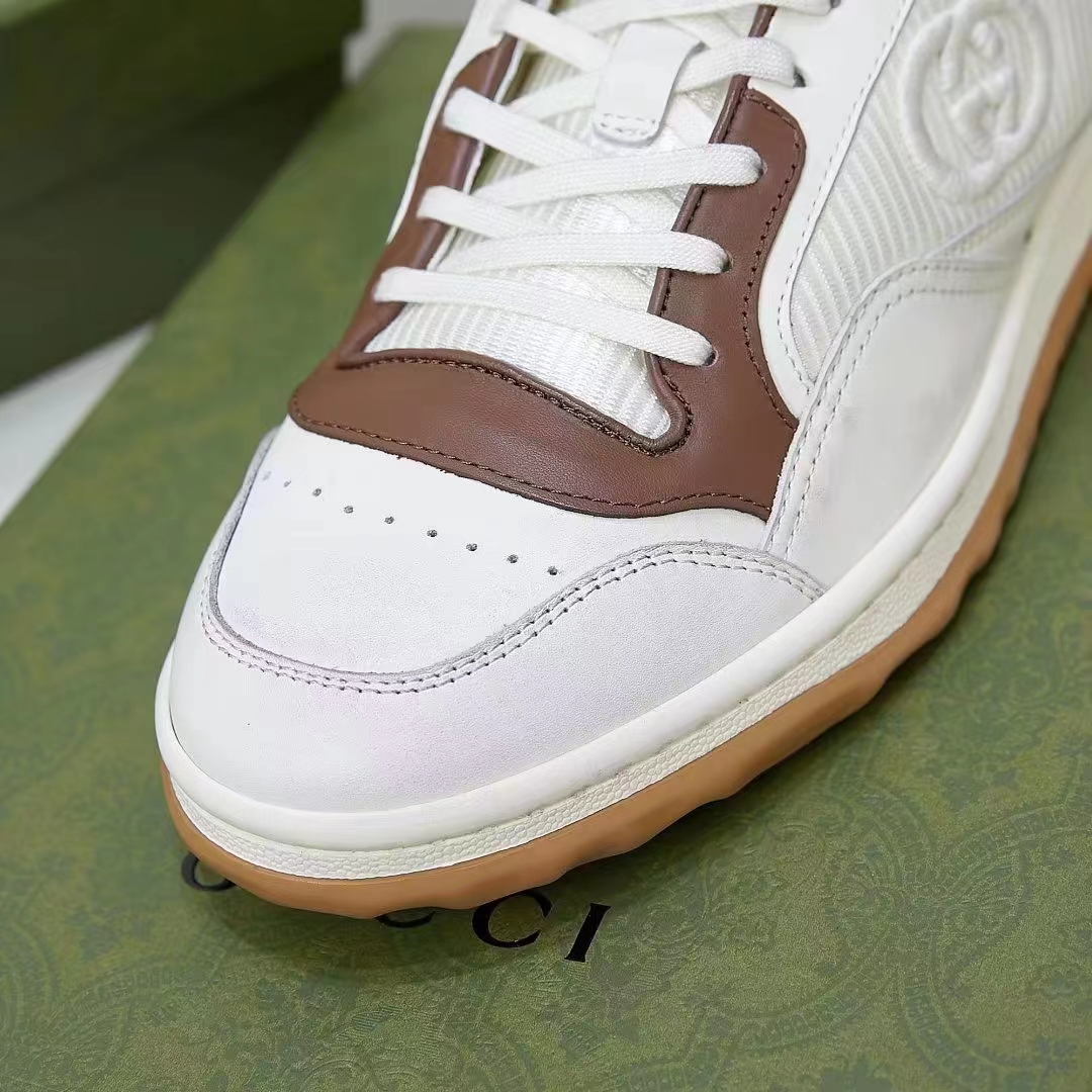 Gucci Unisex GG MAC80 Sneaker Off White Brown Leather Round Toe Rubber Flat