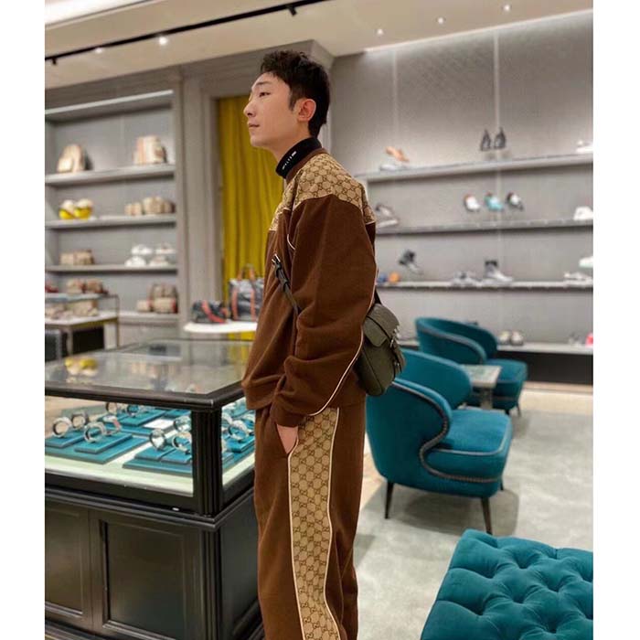 Gucci GG Men Cotton Jersey Sweatshirt GG Canvas Yoke Crewneck Dropped Shoulder Batwing Sleeves