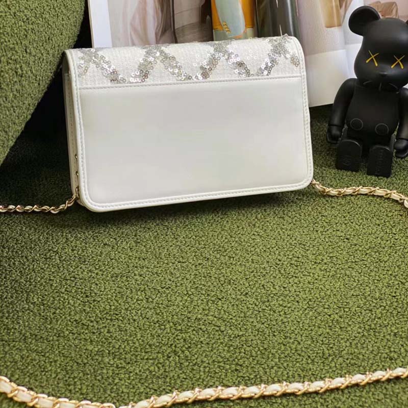 Chanel Women CC Wallet On Chain Embroidered Satin Sequins Gold-Tone Metal White Silver