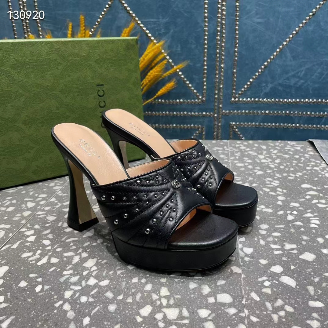 Gucci Women GG Heeled Slide Sandals Black Leather Studs Spool High 15 Cm Heel