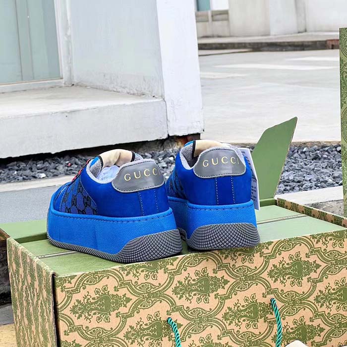 Gucci Unisex Screener GG Sneaker Blue Black Canvas Suede Dark Grey Leather Low Heel