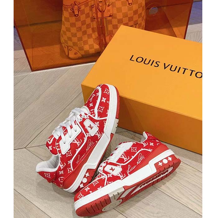 Louis Vuitton LV Unisex LV Trainer Sneaker Red Monogram Textile Rubber Outsole