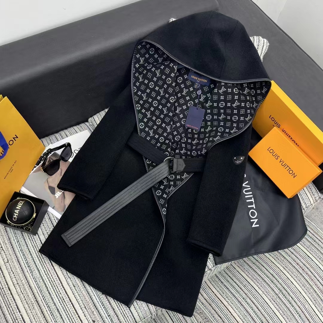 Louis Vuitton LV Women Hooded Wrap Coat Wool Silk Black White Regular Fit