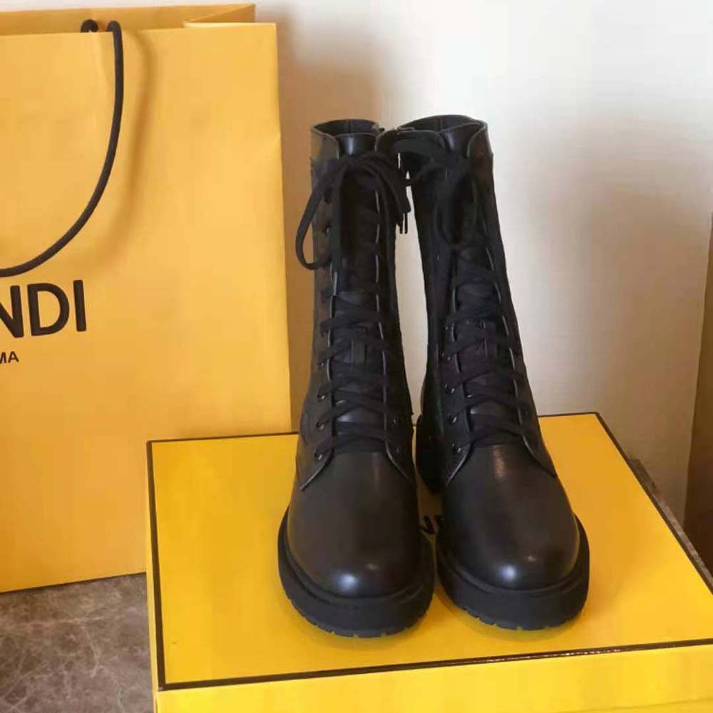 Fendi Women Signature Black Leather Biker Boots