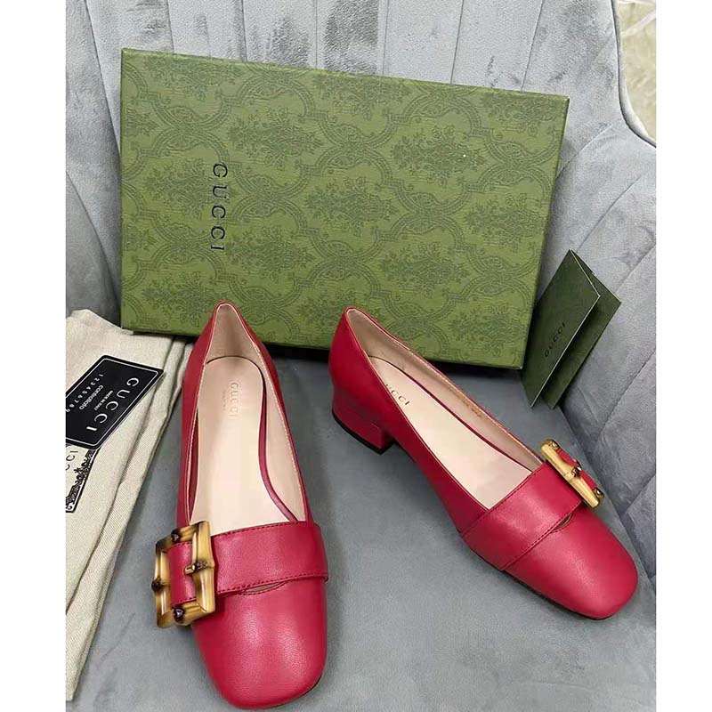 Gucci GG Women Ballet Flat with Bamboo Buckle Dark Red Leather