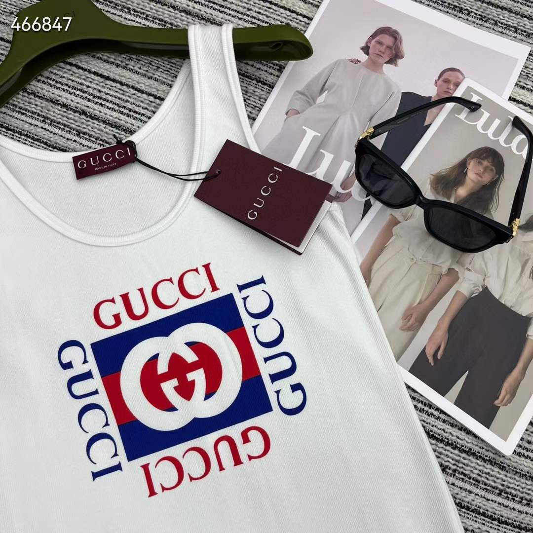 Gucci Women GG Rib Cotton Tank Top Gucci Print White Scoop Neck Sleeveless