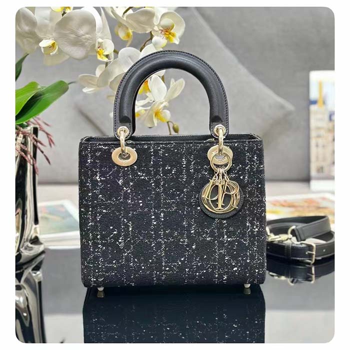 Dior Women CD Medium Lady D-Lite Bag Black Cannage Tweed