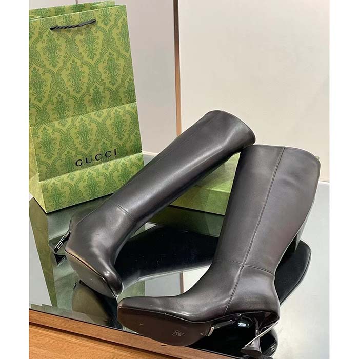 Gucci Women GG Boot Black Leather Geometric Heel Metal Inserts Mid-Heel