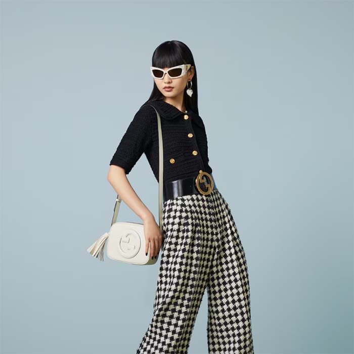 Gucci Women GG Blondie Small Shoulder Bag White Leather Round Interlocking G