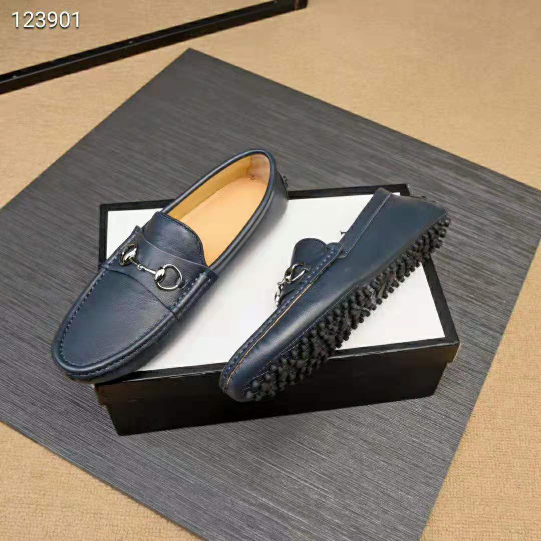 Gucci Men Leather Driver with Horsebit-Navy
