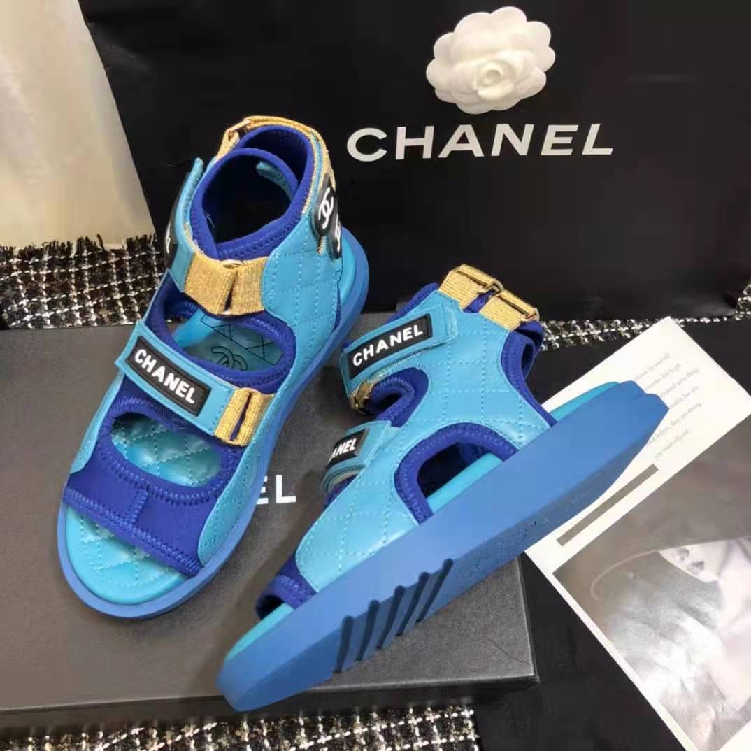 Chanel Women Sandals Goatskin Fabric & TPU Blue Dark Blue & Black