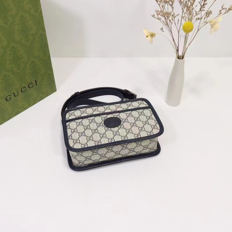 Gucci Unisex GG Shoulder Bag Beige Blue GG Supreme Canvas Leather