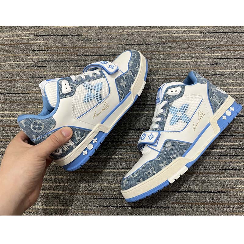Louis Vuitton Unisex LV Trainer Sneaker Blue Monogram Denim Rubber Monogram Flowers