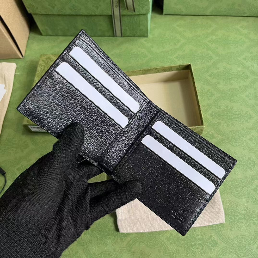 Gucci Unisex GG Wallet Interlocking G Black Leather Palladium-Toned Hardware Moiré Lining