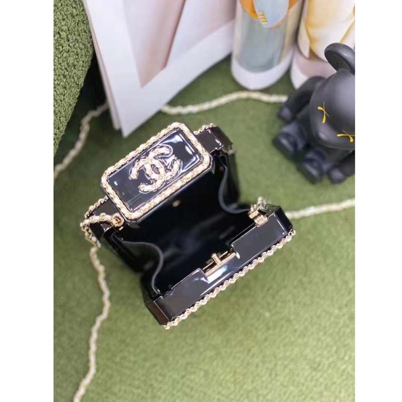 Chanel Women CC Evening Bag Lambskin Plexi Gold-Tone Metal Black White