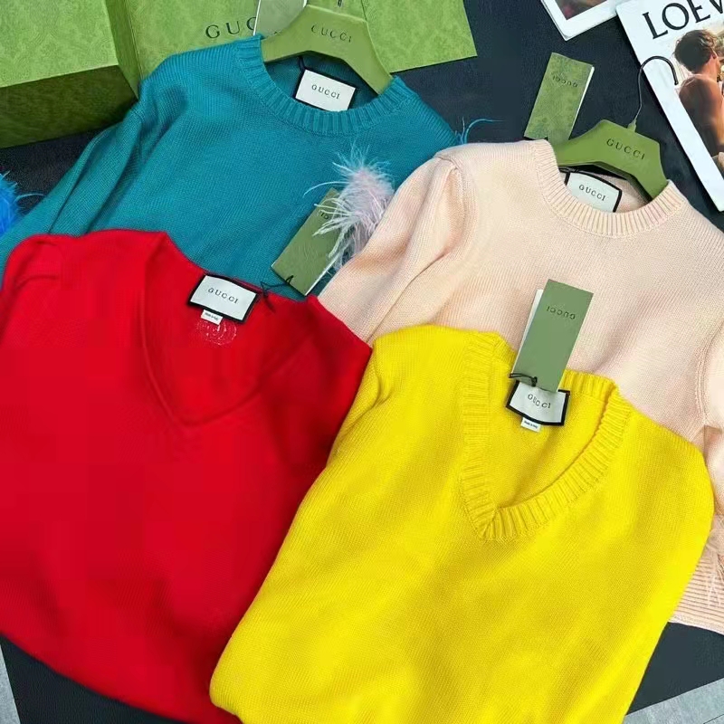 Gucci GG Women Silk Mohair Sweater Feathers Beige Double G Embroidery Crewneck