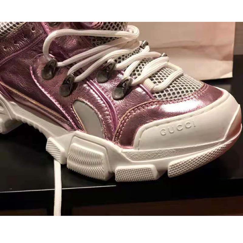 Gucci Unisex Flashtrek Sneaker with Removable Crystals in Pink Metallic Leather 5.6 cm Heel
