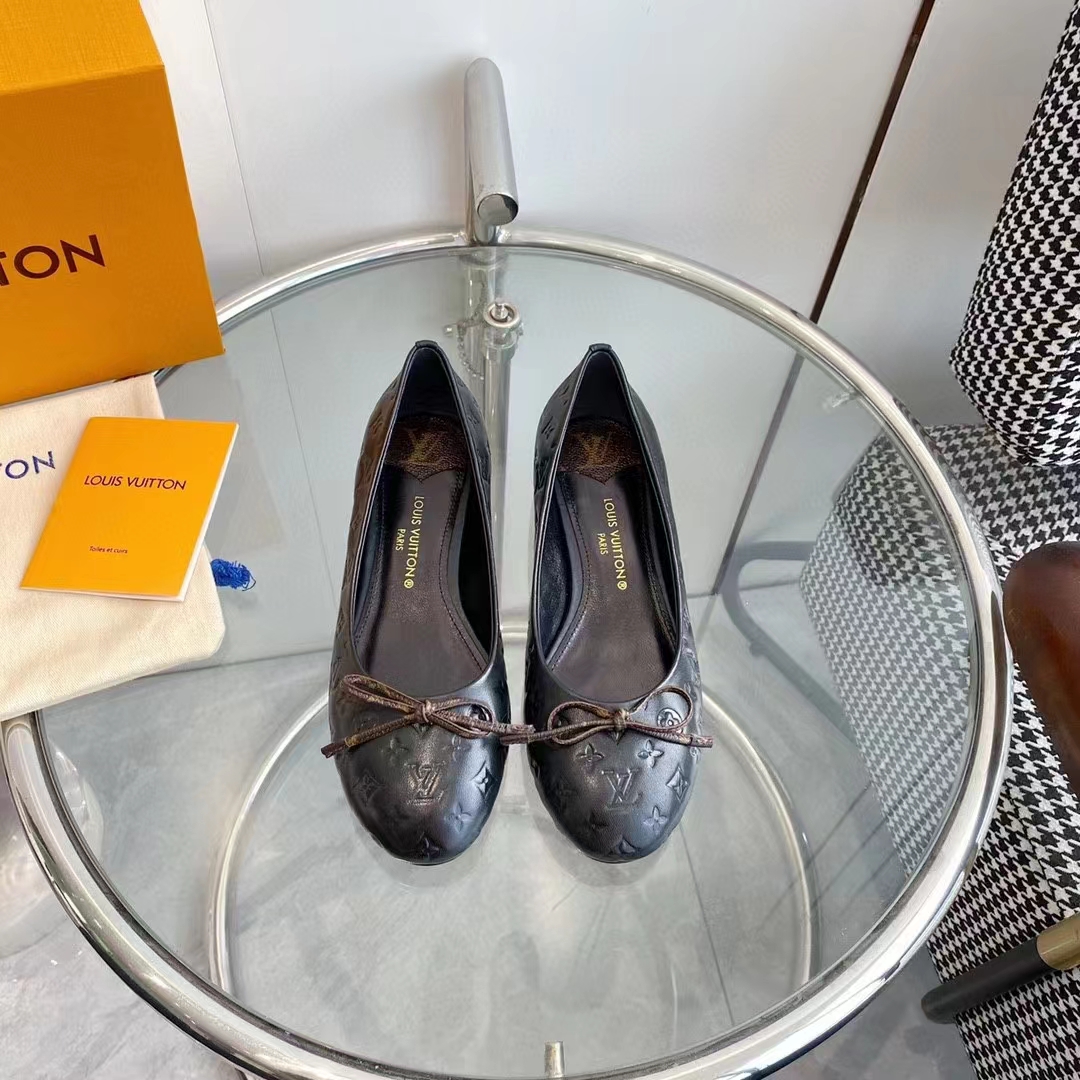 Louis Vuitton LV Women Nina Flat Ballerina Black Monogram Embossed Calf Leather Canvas Bow