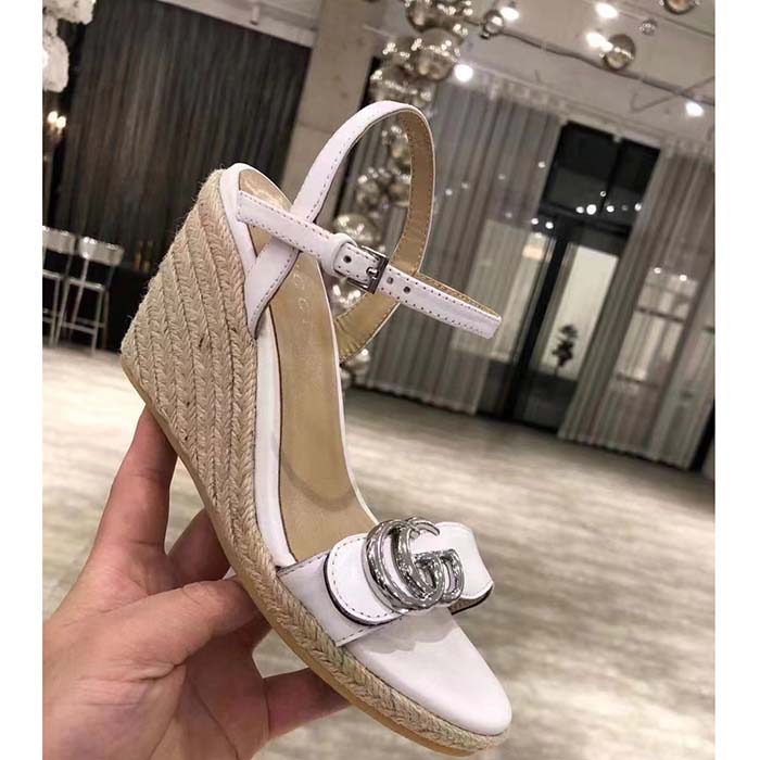 Gucci Women GG Leather Espadrille Sandal Interlocking G Off White Mid Heel