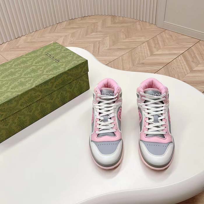 Gucci Unisex Mac80 High Top Sneaker Off White Pink Leather Round Toe Rubber Sole Flat