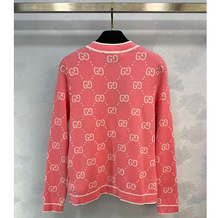 Gucci Women GG Cotton Jacquard Cardigan Pink Crewneck Long Sleeves