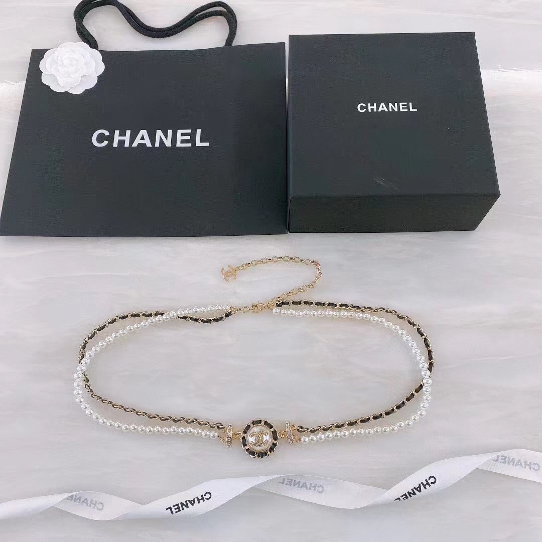Chanel Women CC Chain Belt Calfskin Glass Pearls Black Pearly White Crystal Gold-Tone Metal Strass