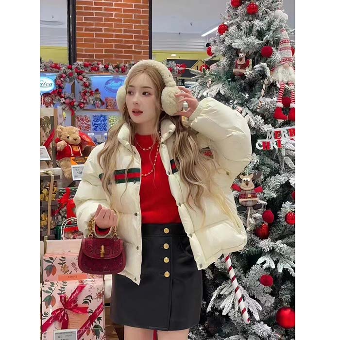 Gucci Women GG Padded Nylon Bomber Jacket Web White Goose Down Detachable Sleeves High Neck