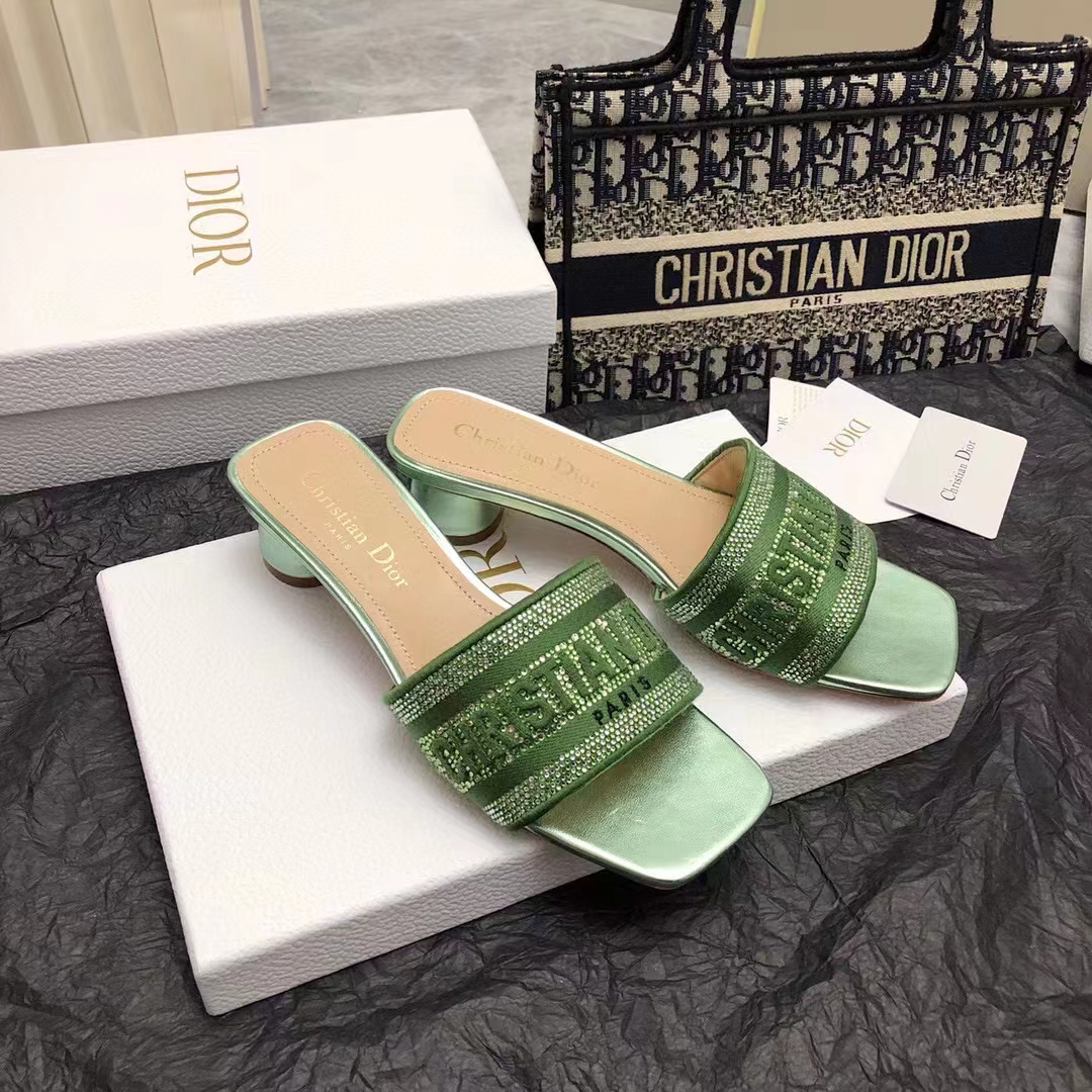 Dior Women CD Dway Heeled Slide Green Cotton Embroidered Metallic Thread Strass